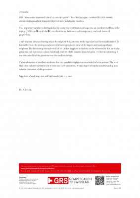 Certificate Gran zafiro azul real de talla cojín de 30,67 quilates, Sri Lanka 