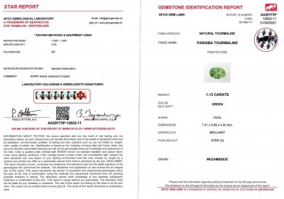 Certificate Green Paraiba tourmaline from Mozambique 1.13 ct, GFCO