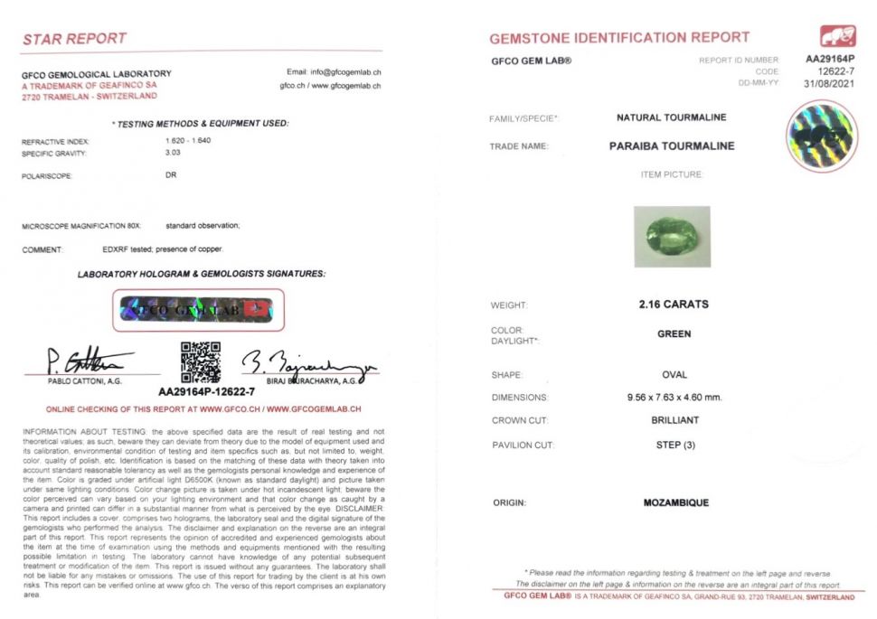 Certificate Paraiba tourmaline oval cut 2.16 ct, Mozambique