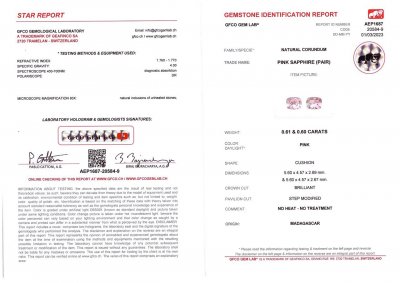 Certificate Pair of pink unheated sapphires 1.21 from Madagascar