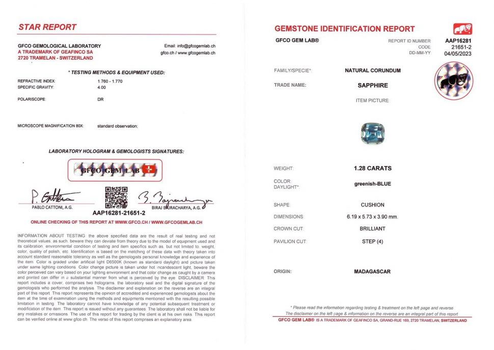 Certificate Unheated Teal sapphire in cushion cut 1.28 ct, Madagascar