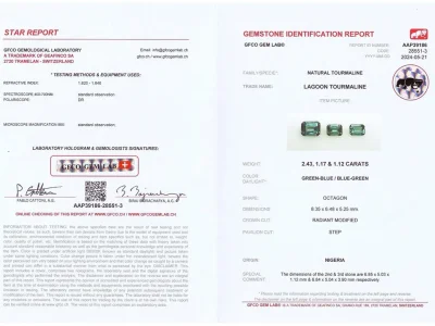 Certificate Set of three octagon-cut indigolites 4.72 carats, Nigeria 