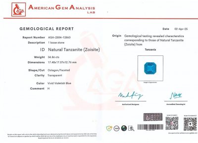 Certificate Großer königsblauer tansanit im asscher schliff 34,86 carats, Tansania
