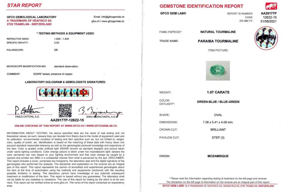 Certificate Blue-green Paraiba 1.07 ct, GFCO