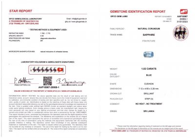 Certificate Blue unheated sapphire 1.02 ct, Sri Lanka
