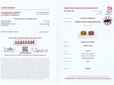 Certificate Kontrastierendes Paar Turmaline im Kissenschliff, 5,57 Karat, Nigeria 