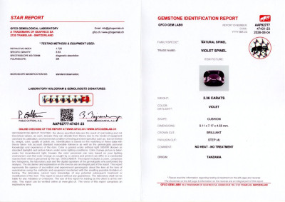 Certificate Violetter spinell im cushion-schliff 2,36 karat, Tanzania