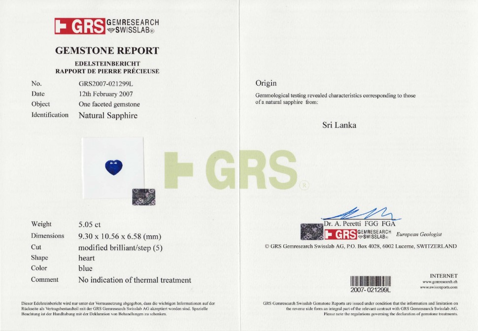 Certificate Unheated heart-shaped sapphire 5.05 ct, Sri Lanka, GRS