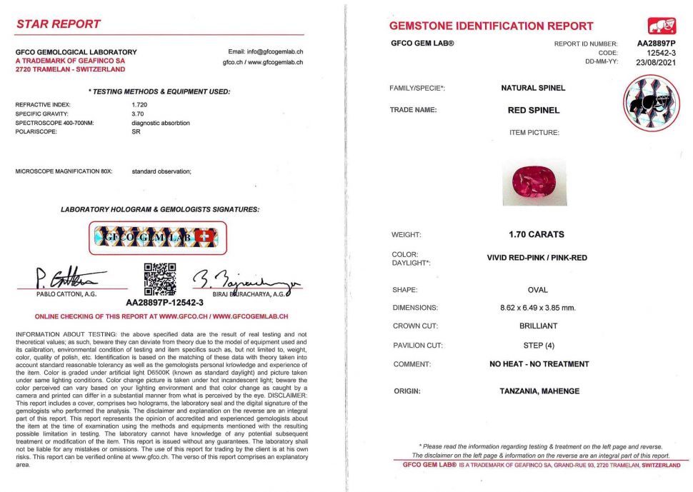 Certificate Bright pinkish red spinel Mahenge 1.70 ct, GFCO