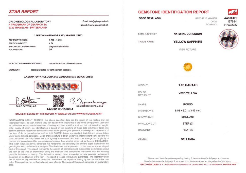 Certificate Round yellow sapphire 1.05 ct