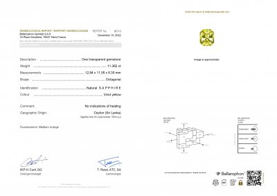 Certificate Unique untreated golden color sapphire in radiant cut 11.36 ct, Sri Lanka