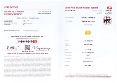 Certificate Saphir octogonal en or 3,02 ct, Sri Lanka