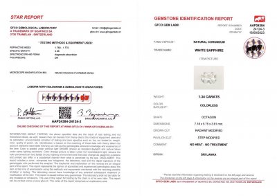 Certificate Saphir incolore 1,34 carats taille radiant, Sri Lanka