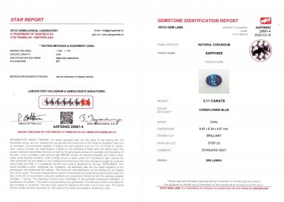 Certificate Saphir bleu bleuet 2,11 carats, taille ovale, Sri Lanka