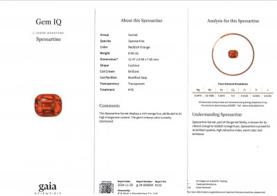 Certificate Spessartine garnet in cushion cut 8.06 carats, Africa